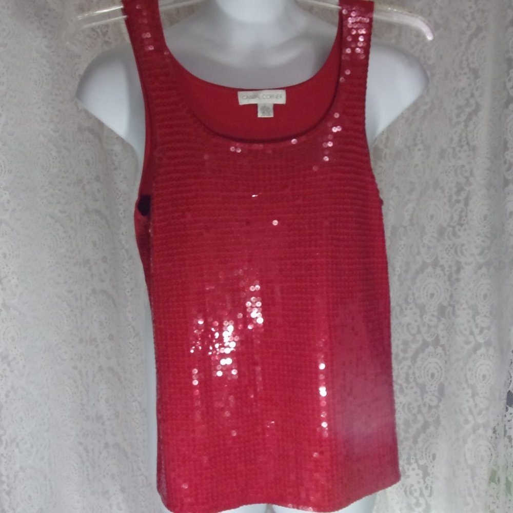 Casual Corner Red Sequin Tank Size L  NWOT 72 RAYON/28 NYLON. Washable